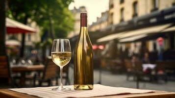 AI generated Generative AI, glass of wine and bottle on wooden table with blur background with lights of street bar, cafe, coffee shop or restaurant, wine mock up photo