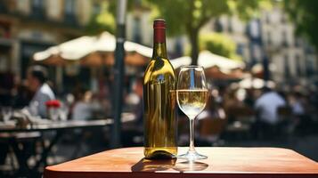 AI generated Generative AI, glass of wine and bottle on wooden table with blur background with lights of street bar, cafe, coffee shop or restaurant, wine mock up photo