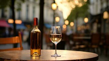 AI generated Generative AI, glass of wine and bottle on wooden table with blur background with lights of street bar, cafe, coffee shop or restaurant, wine mock up photo