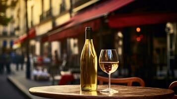 AI generated Generative AI, glass of wine and bottle on wooden table with blur background with lights of street bar, cafe, coffee shop or restaurant, wine mock up photo