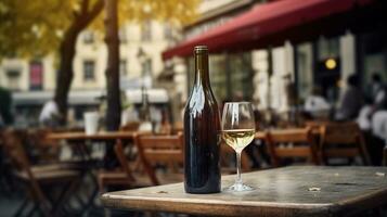 AI generated Generative AI, glass of wine and bottle on wooden table with blur background with lights of street bar, cafe, coffee shop or restaurant, wine mock up photo