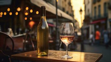 AI generated Generative AI, glass of wine and bottle on wooden table with blur background with lights of street bar, cafe, coffee shop or restaurant, wine mock up photo