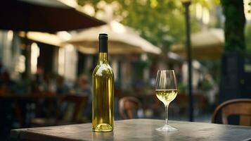 ai generado generativo ai, vaso de blanco vino y botella en de madera mesa con difuminar antecedentes con luces de calle bar, cafetería, café tienda o restaurante, vino burlarse de arriba foto