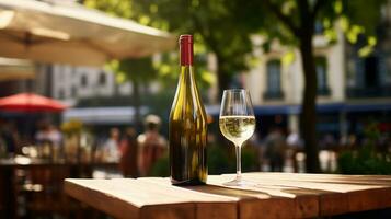 AI generated Generative AI, glass of white wine and bottle on wooden table with blur background with lights of street bar, cafe, coffee shop or restaurant, wine mock up photo