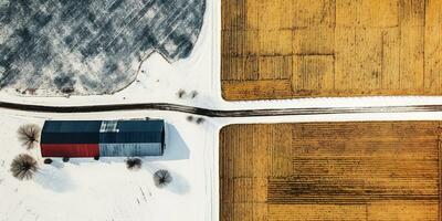 AI generated Generative AI, Farm winter landscape, agricultural fields, beautiful countryside, country road. Nature Illustration, photorealistic top view drone, horizontal banner. photo