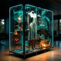 AI generated Clothing store, display cases and racks with clothes - AI generated image photo