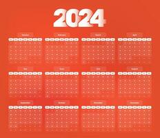 Dark orange minimalist 2024 new year calendar date template design with accurate date format vector