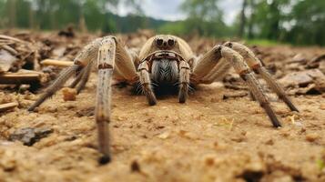 AI generated Photo of Wolf Spider on a ground. Generative AI