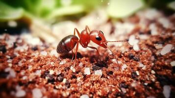 ai generado foto de rojo importado fuego hormiga en un suelo. generativo ai