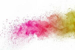 Colorful powder explosion on white background. Abstract pastel color dust particles splash. photo