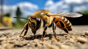 AI generated Photo of Honey Bee on a ground. Generative AI