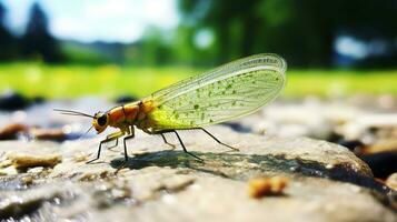 ai generado foto de verde Lacewing en un suelo. generativo ai