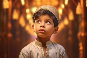 AI generated Young Muslim boy wearing a white hat, looking up in wonder. photo