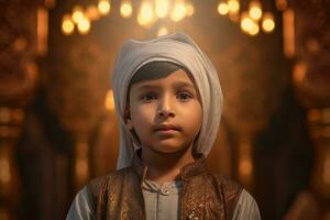ai generado joven musulmán chico vistiendo un blanco turbante, tradicional ropa, y un verde túnica foto