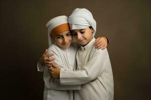 ai generado reconfortante escena de dos joven Niños en blanco ropa abrazando cada otro foto