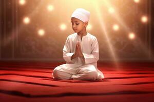 AI generated A young boy in a white prayer outfit reflects in a red-toned room. photo