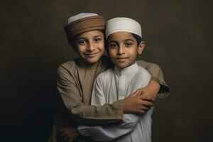 AI generated Two young boys in Arabic clothing standing next to each other photo