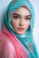 AI generated Beautiful woman wearing a colorful headscarf photo