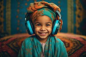 ai generado contento joven niña con auriculares y un brillante sonrisa foto