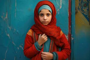 ai generado un niña vistiendo un rojo bufanda y un vistoso vestir foto