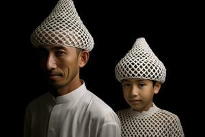 ai generado iraní hombre y joven chico con único sombreros foto