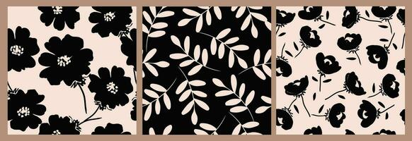 Set of flower seamless background. Minimalistic abstract floral pattern. Modern print in black and white background. Ideal for textile design, wallpaper, covers, cards, invitations and posters. vector