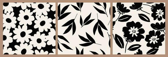 Set of flower seamless background. Minimalistic abstract floral pattern. Modern print in black and white background. Ideal for textile design, wallpaper, covers, cards, invitations and posters. vector