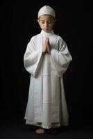 ai generado un joven niño en un religioso ceremonia, Orando con manos juntos foto