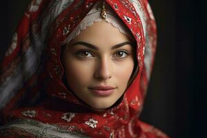 ai generado hermosa musulmán mujer vistiendo un Pañuelo foto
