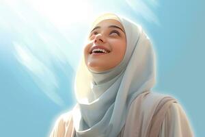 ai generado mujer en hijab mirando arriba a el cielo con un brillante, sonriente expresión foto