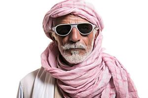 ai generado un más viejo hombre vistiendo un rosado Pañuelo y Gafas de sol foto