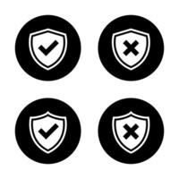 Checkmark and cross shield icon on black circle. Check and x symbol vector