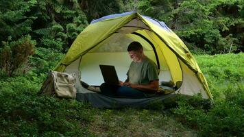 ein Mann funktioniert auf ein Laptop im ein Tourist Lager im ein schön Wald. Konzept von freiberuflich, Digital Nomade oder Fernbedienung Büro. 4k video