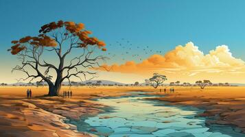 AI generated people search water, dry season in vector illustration. Generative AI photo