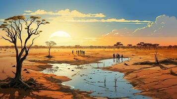 AI generated people search water, dry season in vector illustration. Generative AI photo