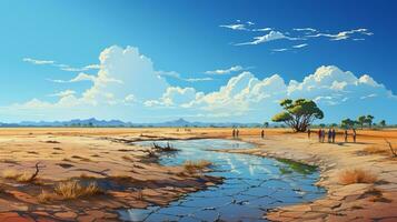 AI generated people search water, dry season in vector illustration. Generative AI photo