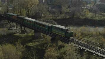 aéreo Visão do uma trem viajando sobre uma estrada de ferro ponte sobre uma rio. zangão voar sobre a locomotiva e carruagens do a limitar calibre estrada de ferro. video