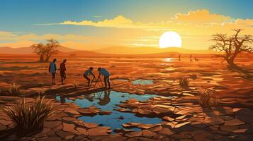 AI generated people search water, dry season in vector illustration. Generative AI photo