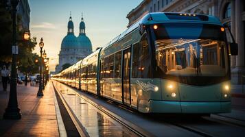 AI generated a photo of electric buses lined up at a downtown transit hub. Generative AI