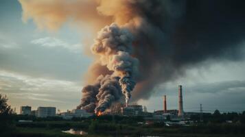 ai generado un foto de denso fábrica fumar ondulante desde un grande industrial instalación. generativo ai