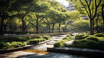 AI generated A photo of an urban park oasis with clean air, greenery, and fresh water features. Generative AI