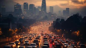 AI generated a photo of a smog covered cityscape with traffic congestion during rush hour. Generative AI