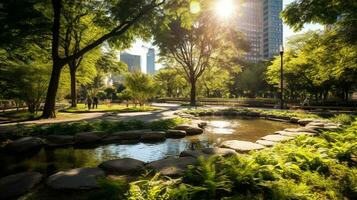 AI generated A photo of an urban park oasis with clean air, greenery, and fresh water features. Generative AI