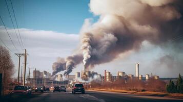 ai generado un foto de denso fábrica fumar ondulante desde un grande industrial instalación. generativo ai