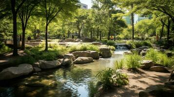 AI generated A photo of an urban park oasis with clean air, greenery, and fresh water features. Generative AI