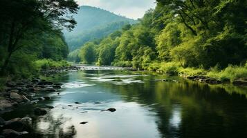 AI generated A photo of a serene, unpolluted river flowing through a pristine natural landscape. Generative AI