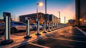 AI generated A photo of a row of electric charging stations for vehicles in a city parking lot. Generative AI