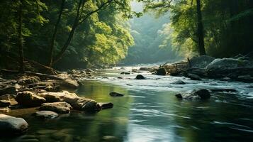 AI generated A photo of a serene, unpolluted river flowing through a pristine natural landscape. Generative AI