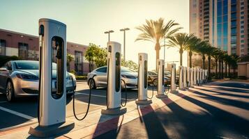 ai generado un foto de un fila de eléctrico cargando estaciones para vehículos en un ciudad estacionamiento lote. generativo ai