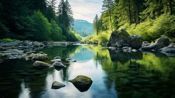 AI generated A photo of a serene, unpolluted river flowing through a pristine natural landscape. Generative AI